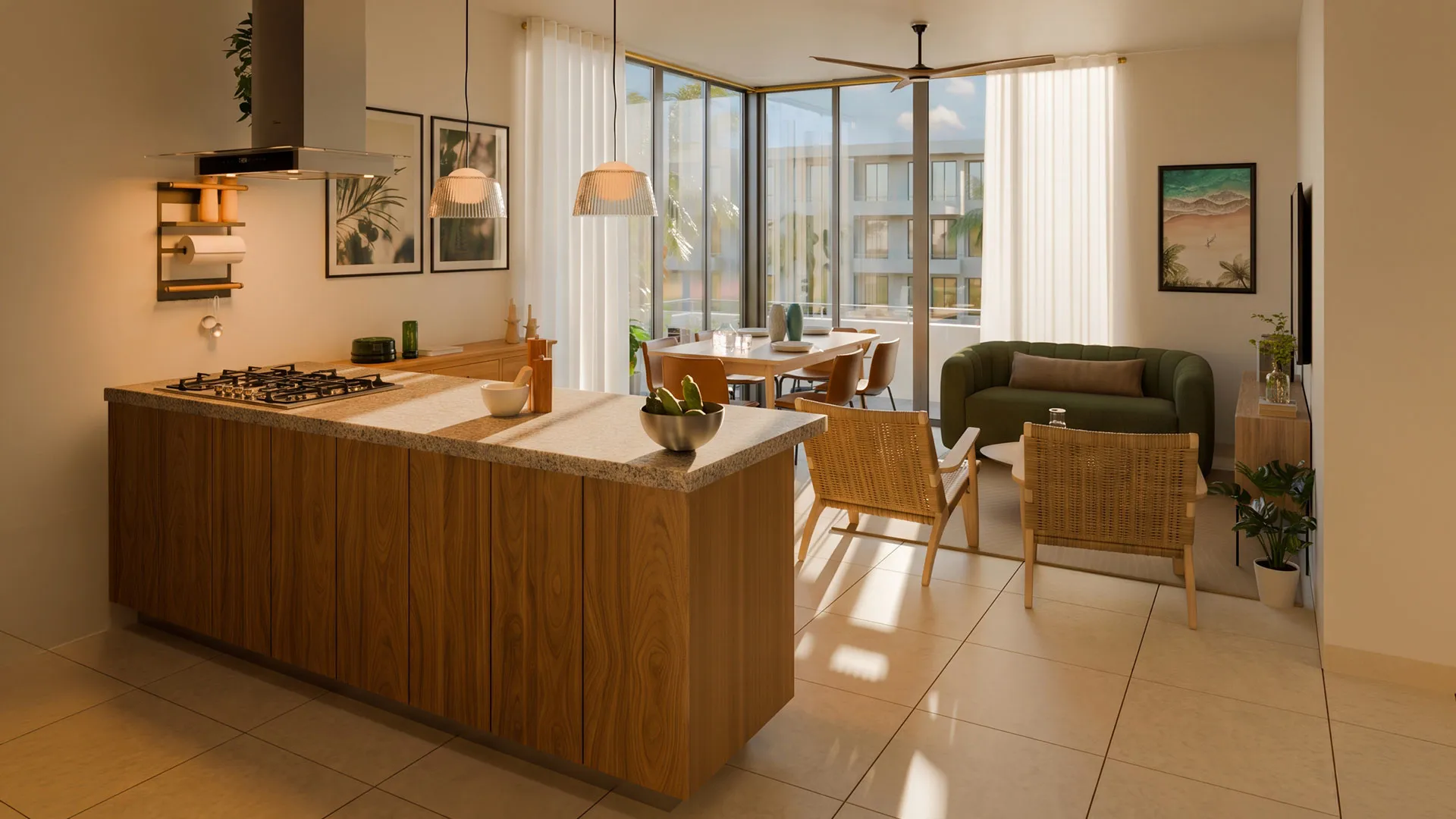 Interior de un departamento Kurrikan con cocina, comedor y sala